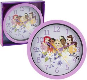 Round Plastic Decor. Wall 10" Clock, DISNEY PRINCESSES, pink frame, AW